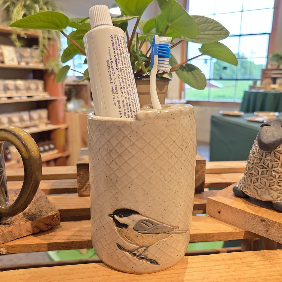 Chickadee on White Handmade Stoneware Toothbrush Holder