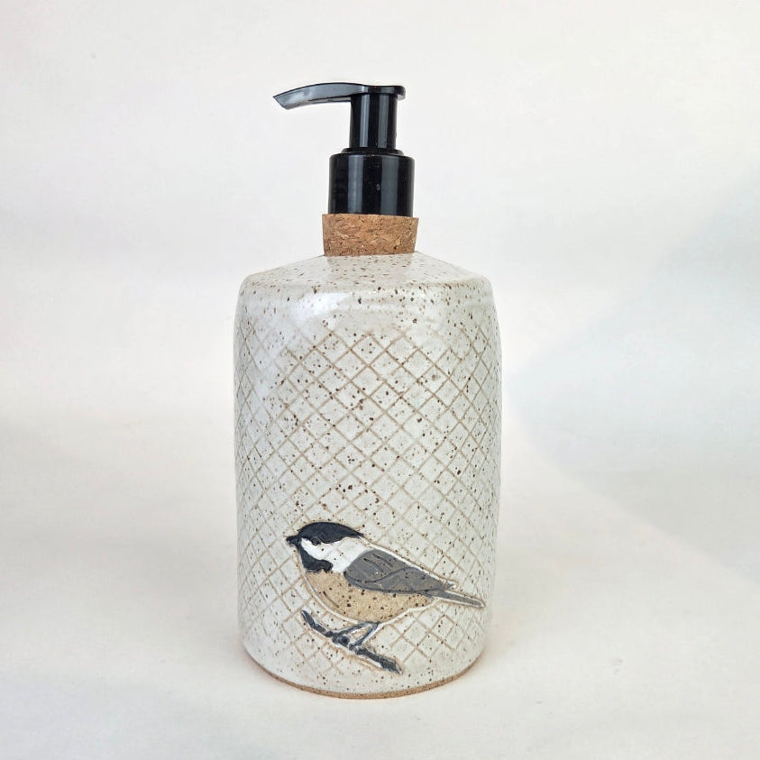 Chickadee on White Stoneware Soap/Lotion Dispenser