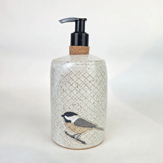 Chickadee on White Stoneware Soap/Lotion Dispenser