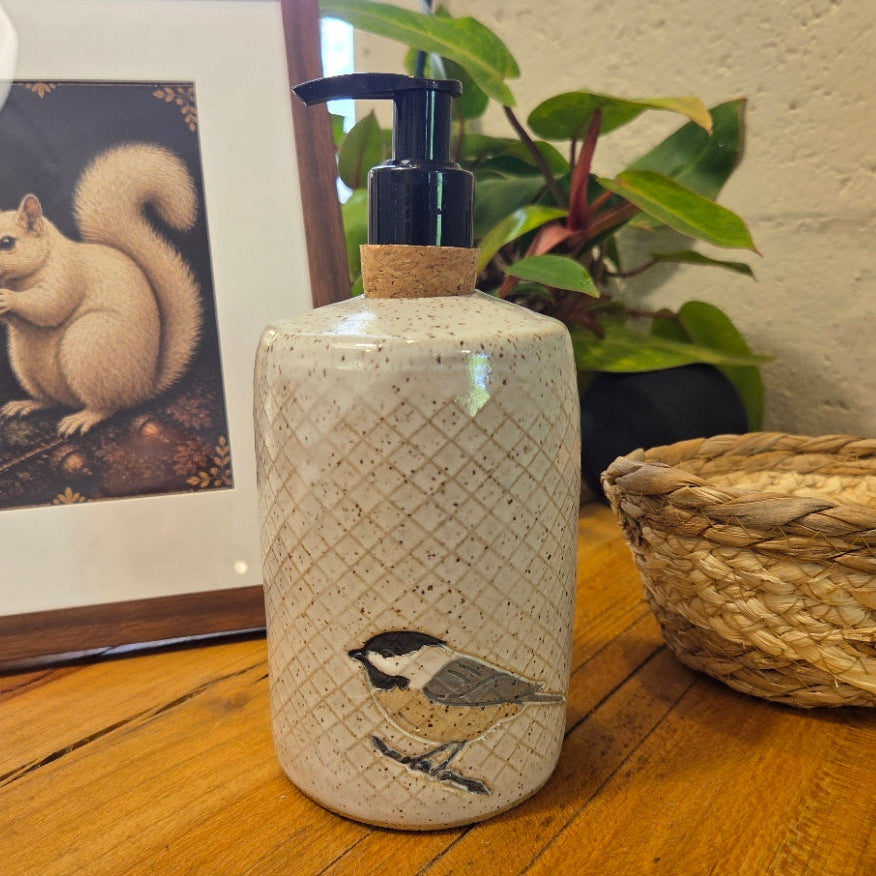 Chickadee on White Stoneware Soap/Lotion Dispenser