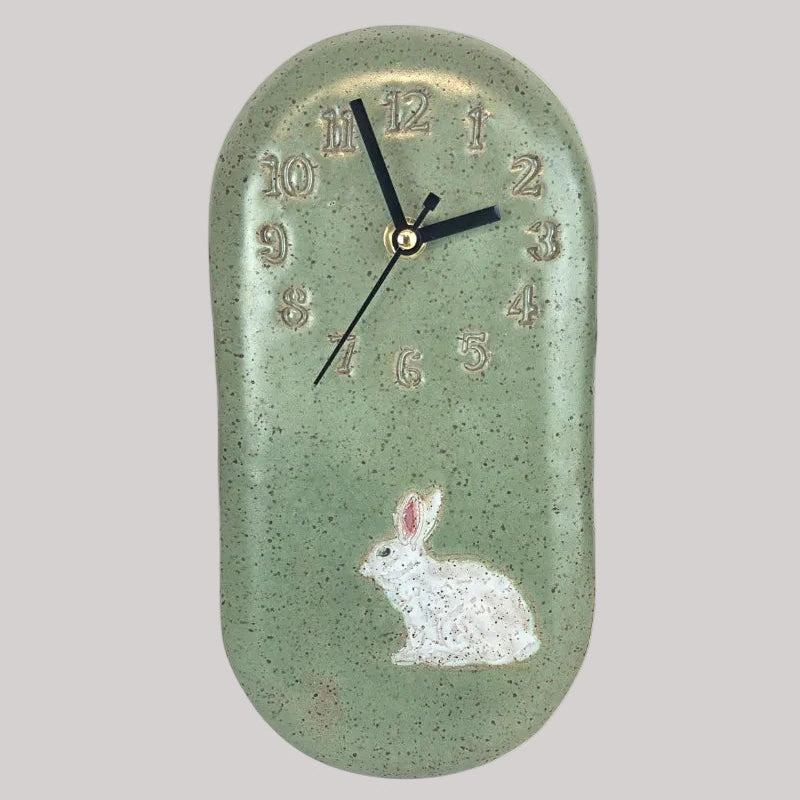 White Rabbit/Bunny on Green Stoneware Wall Clock