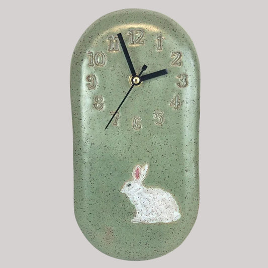 White Rabbit/Bunny on Green Stoneware Wall Clock