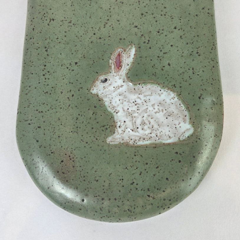 White Rabbit/Bunny on Green Stoneware Wall Clock