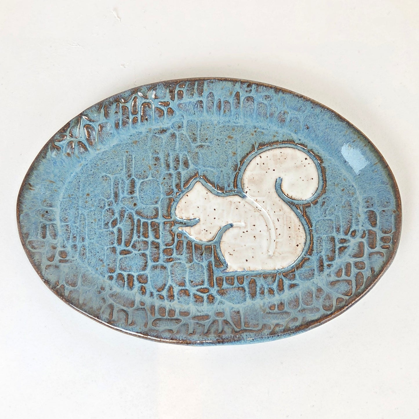 White Squirrel on Blue/Brown Stoneware Oval Trinket Dish