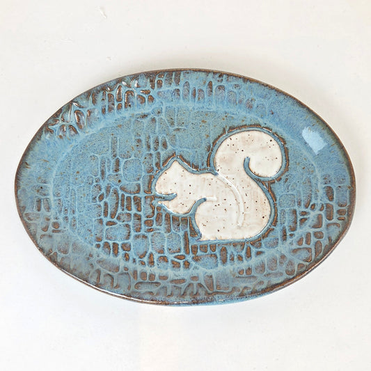 White Squirrel on Blue/Brown Stoneware Oval Trinket Dish