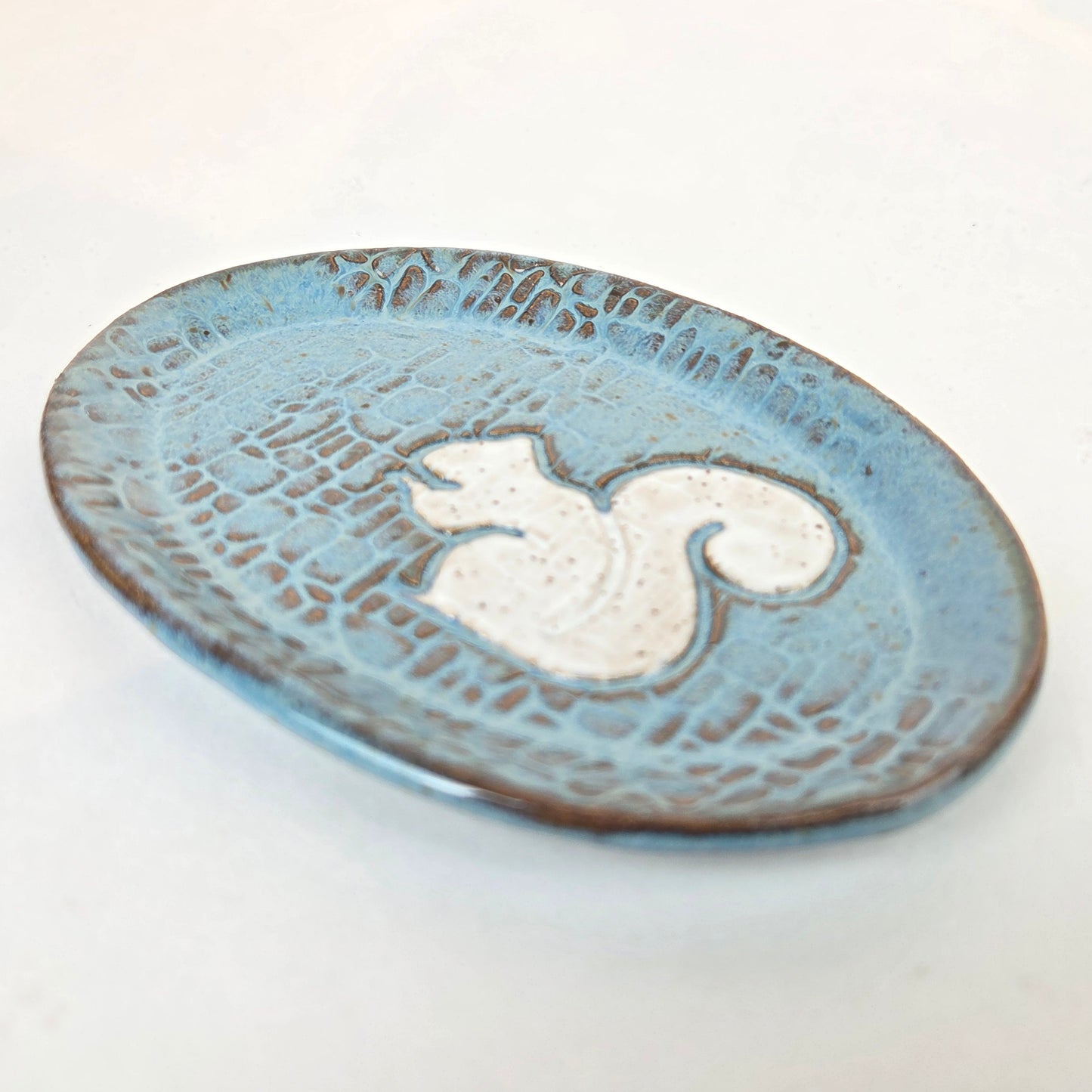 White Squirrel on Blue/Brown Stoneware Oval Trinket Dish