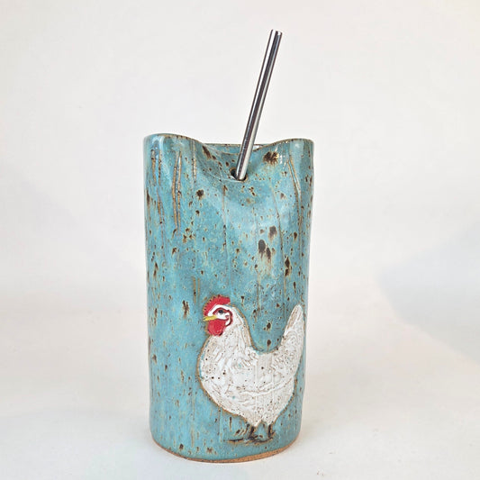 White Chicken on Spangle Stoneware Travel/Sipper 16oz Mug w/Metal Straw