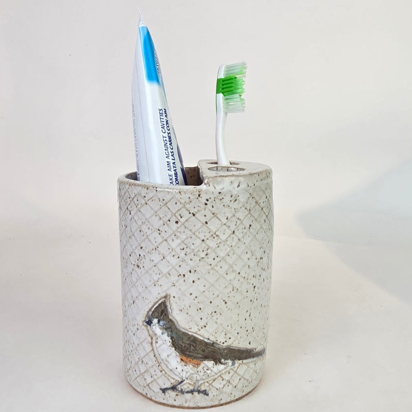 Tufted Titmouse on White Handmade Stoneware Toothbrush Holder