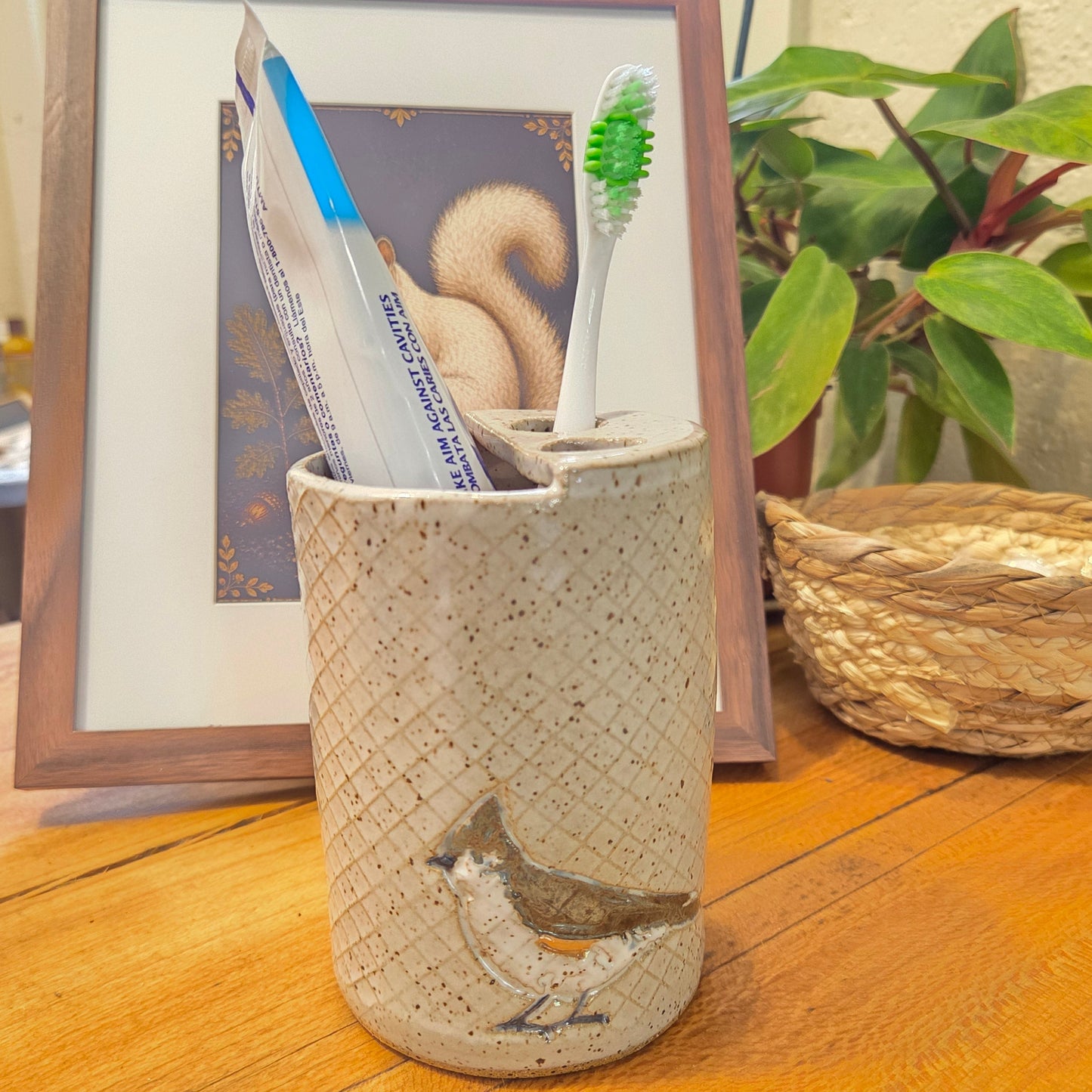 Tufted Titmouse on White Handmade Stoneware Toothbrush Holder