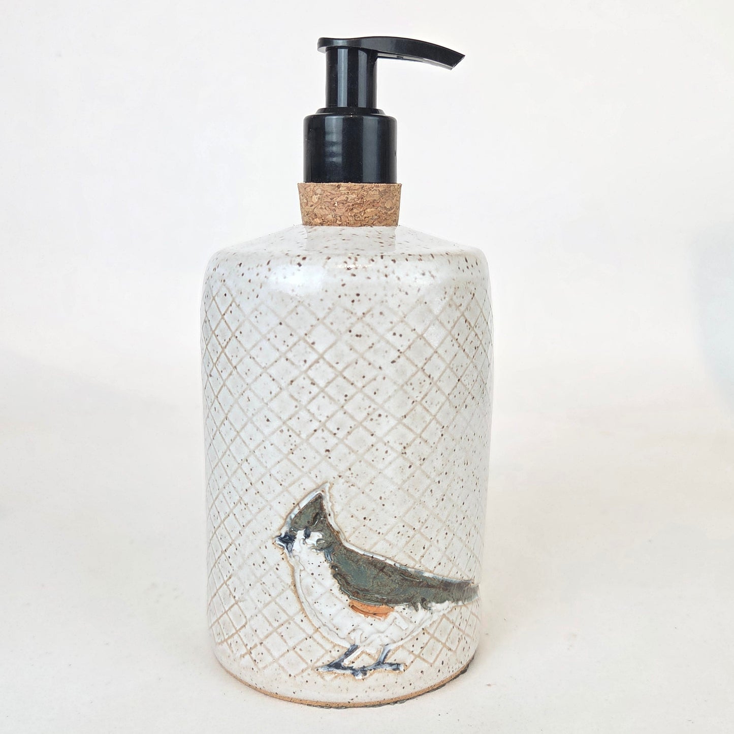 Tufted Titmouse on White Stoneware Soap/Lotion Dispenser