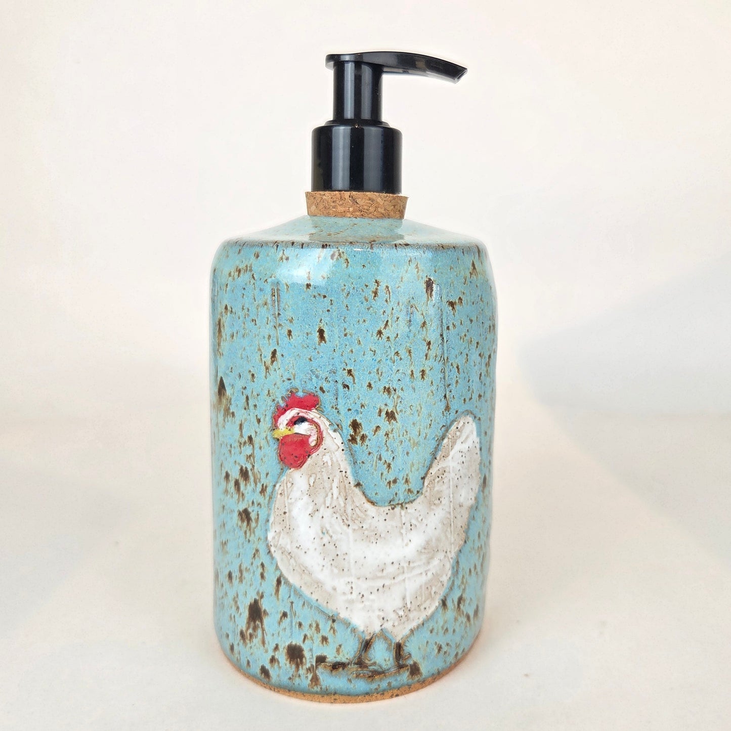 White Chicken on Blue Spangle Stoneware Soap/Lotion Dispenser