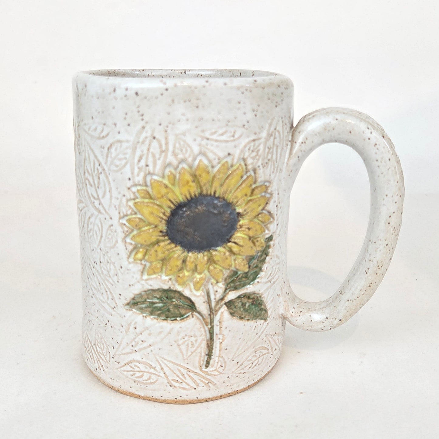 Sunflower on White Leaf Pattern Stoneware 14oz Mug