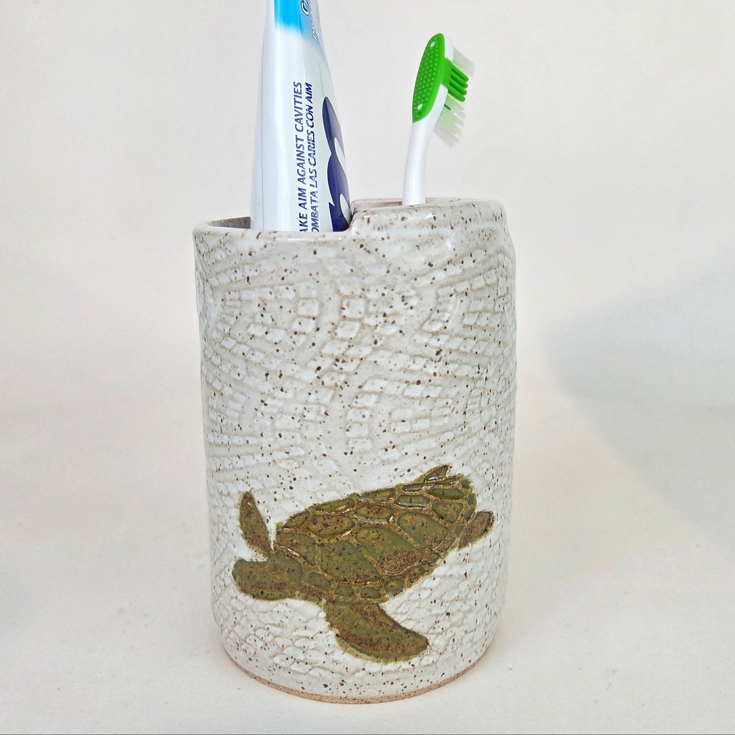 Sea Turtle on White Handmade Stoneware Toothbrush Holder