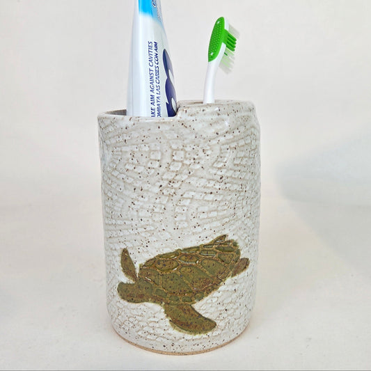 Sea Turtle on White Handmade Stoneware Toothbrush Holder