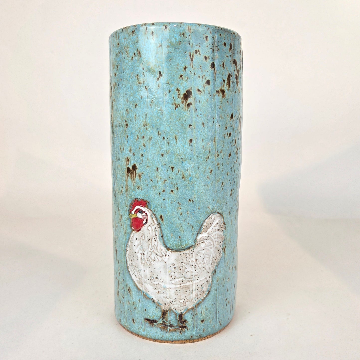 White Chicken on Blue Stoneware Vase