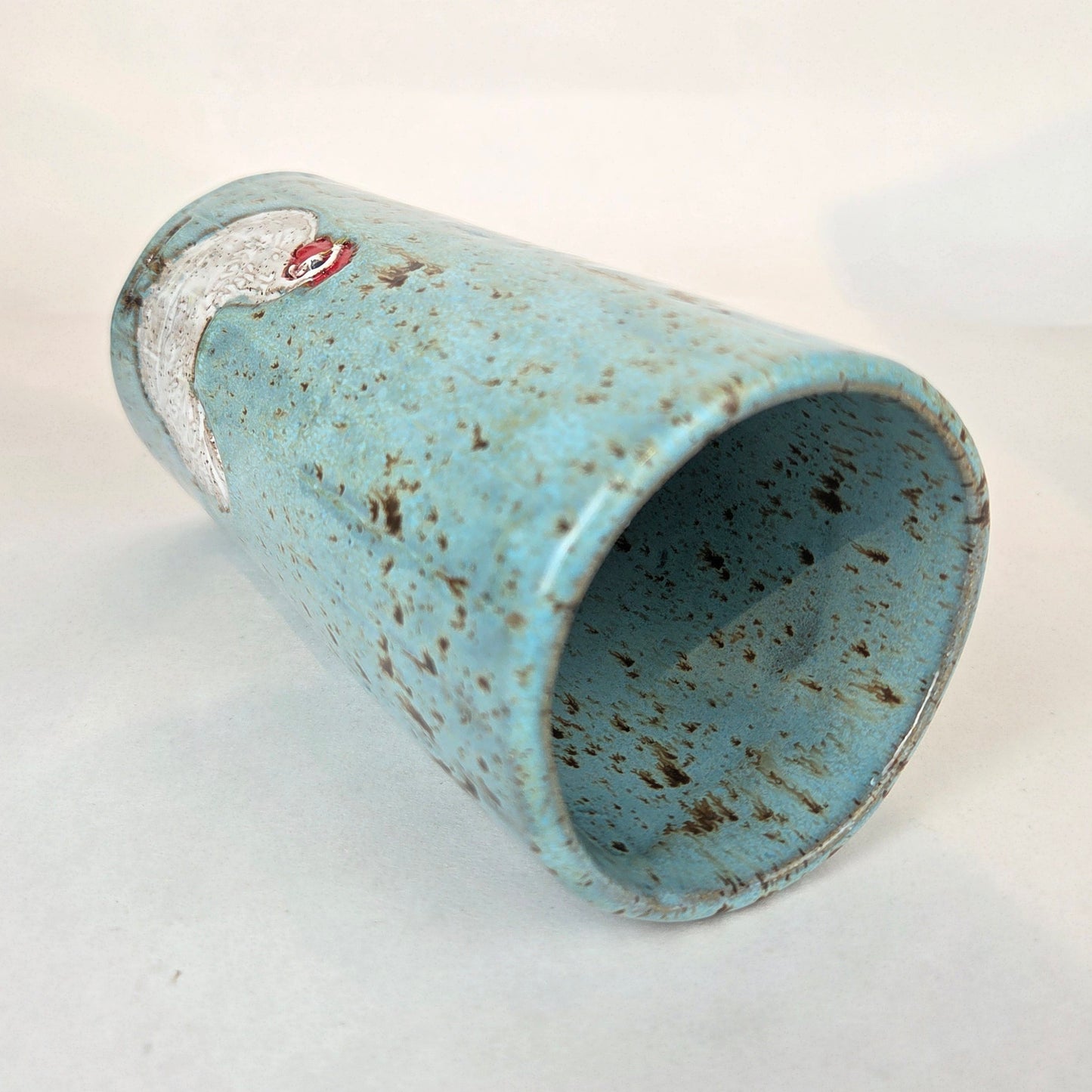 White Chicken on Blue Stoneware Vase