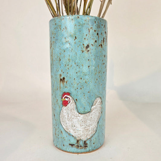White Chicken on Blue Stoneware Vase