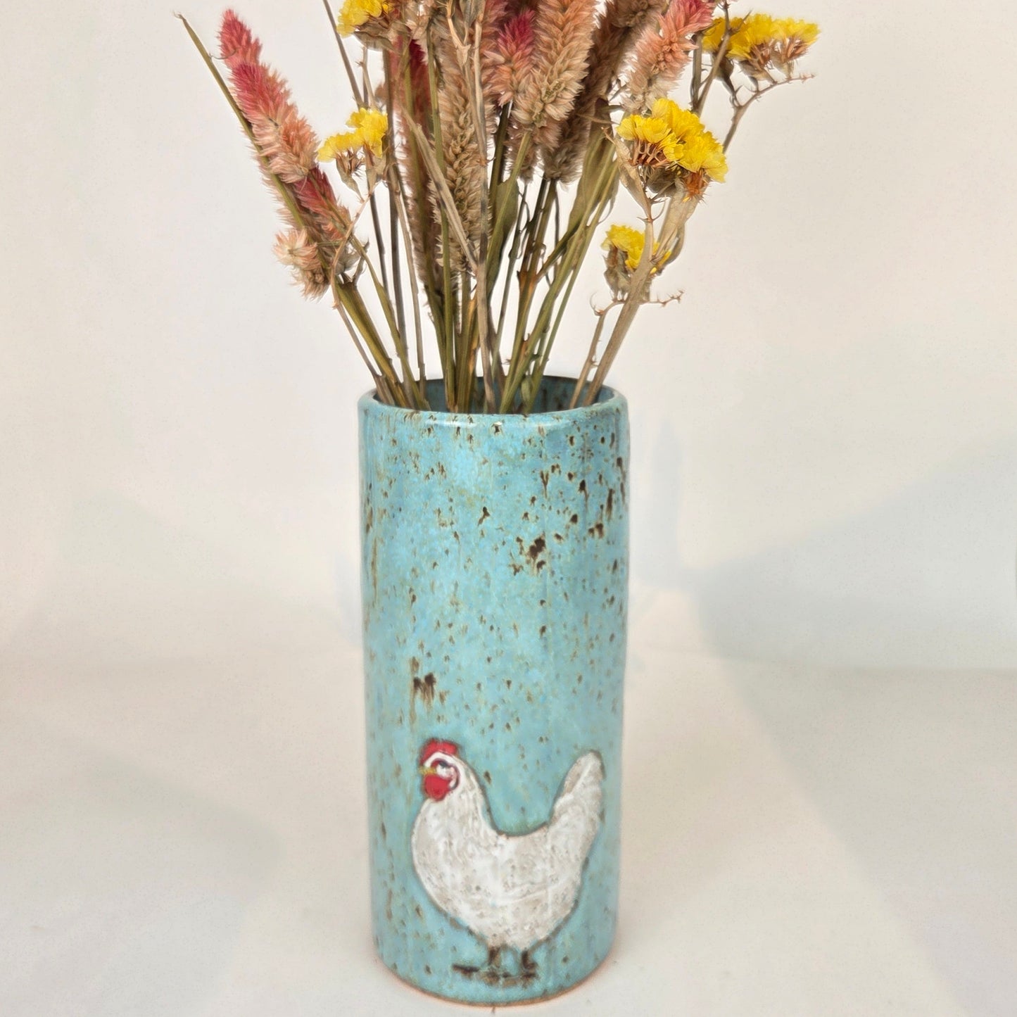 White Chicken on Blue Stoneware Vase