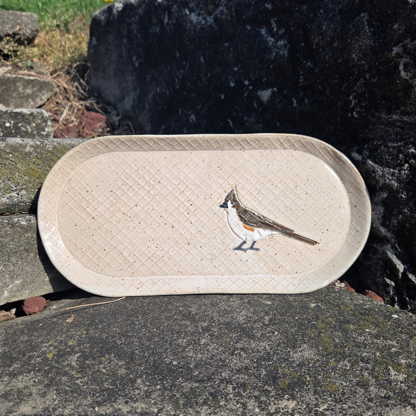 Tufted Titmouse on 10" White Stoneware Handmade Platter