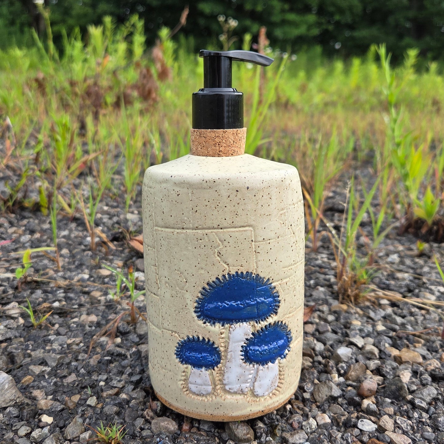 Blue Bonnet Mushroom Stoneware Soap/Lotion Dispenser