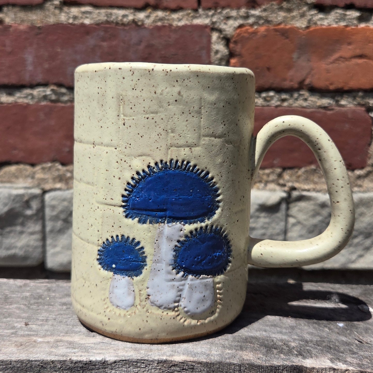 Blue Bonnet Mushroom on Butter Stoneware 14oz Mug