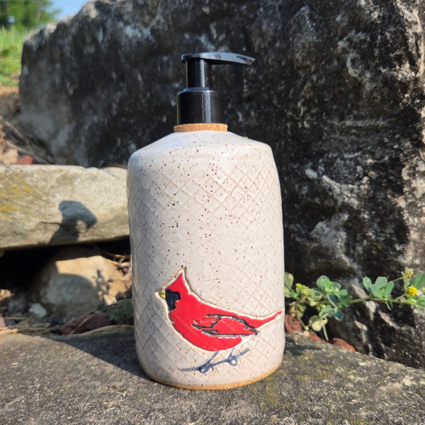 Cardinal on White Stoneware Soap/Lotion Dispenser
