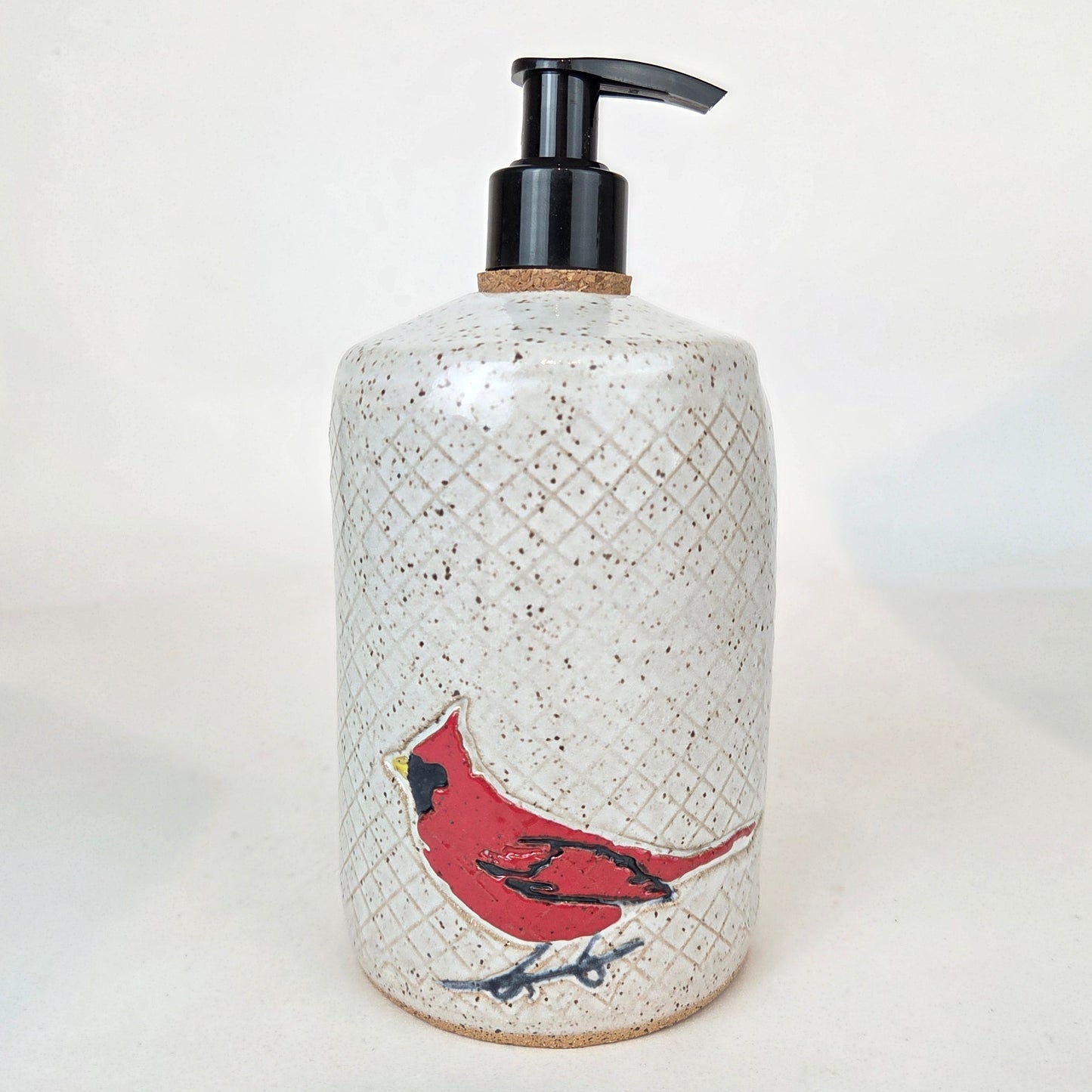 Cardinal on White Stoneware Soap/Lotion Dispenser