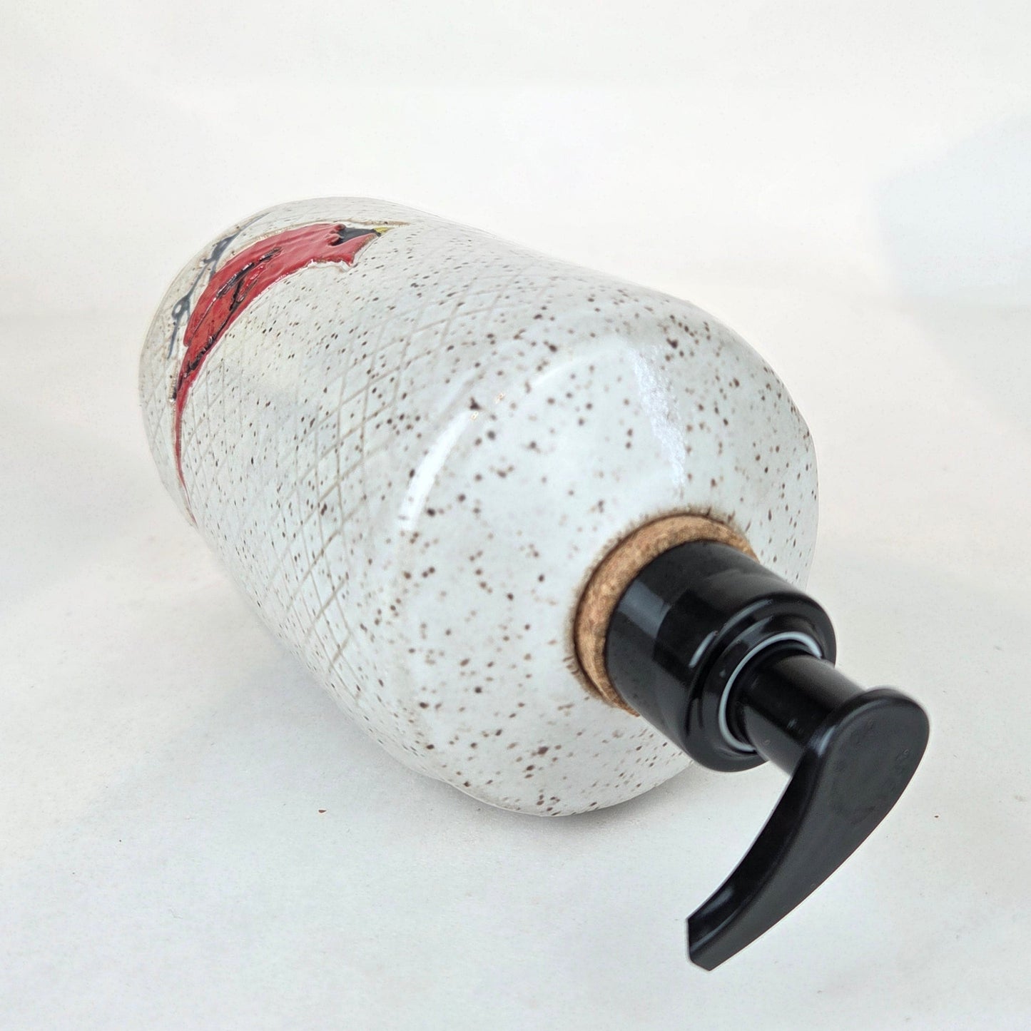 Cardinal on White Stoneware Soap/Lotion Dispenser
