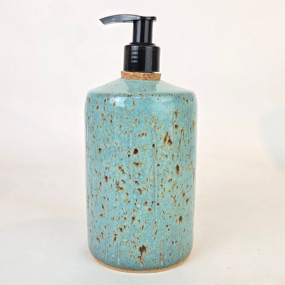 Brown Chicken on Blue Spangle Stoneware Soap/Lotion Dispenser