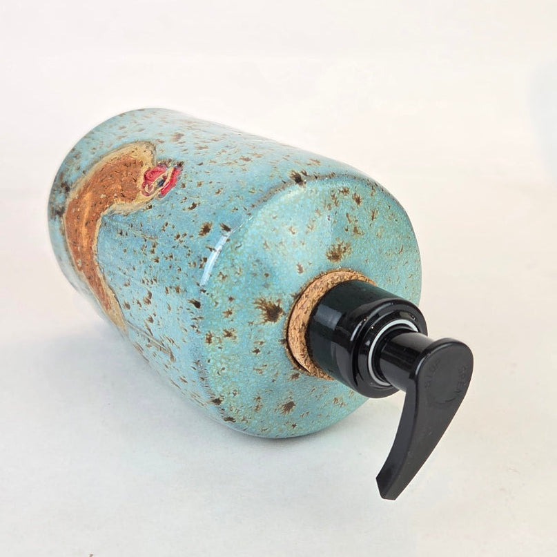 Brown Chicken on Blue Spangle Stoneware Soap/Lotion Dispenser