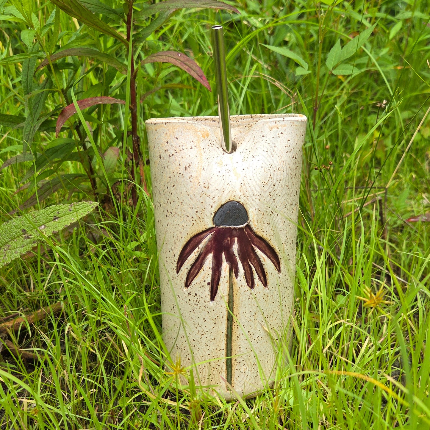 Purple Coneflower Stoneware Travel/Sipper 16oz Mug w/Metal Straw