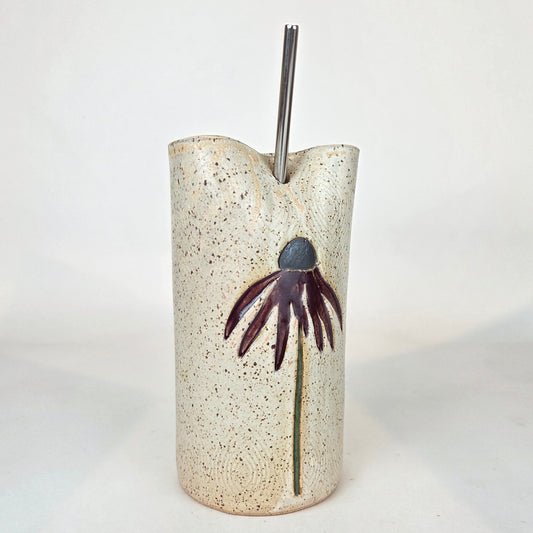 Purple Coneflower Stoneware Travel/Sipper 16oz Mug w/Metal Straw