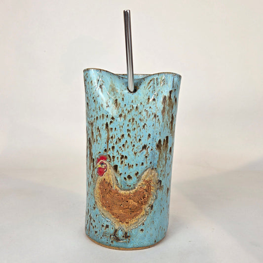 Brown Chicken on Spangle Stoneware Travel/Sipper 16oz Mug w/Metal Straw