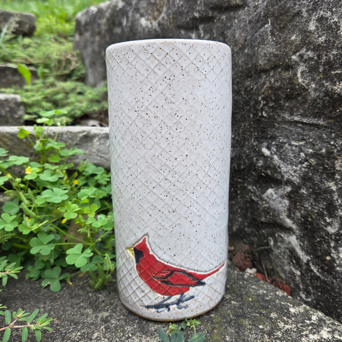 Cardinal on White Stoneware Vase