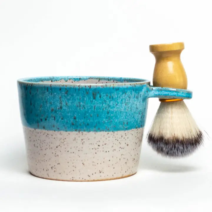Light Blue Hand-Thrown Stoneware Shave Bowl w/ Brush