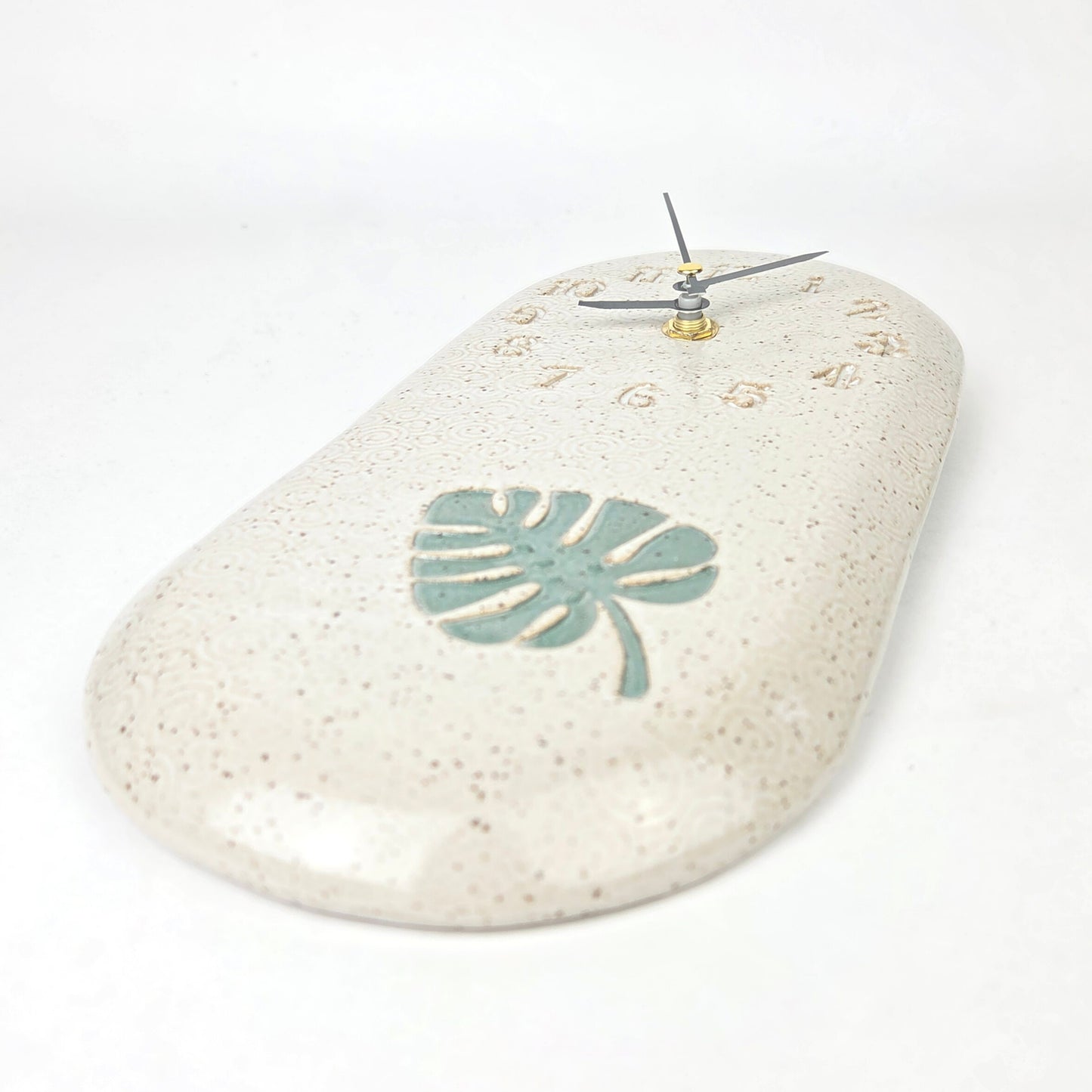 Monstera Leaf on White Stoneware Handmade Clock