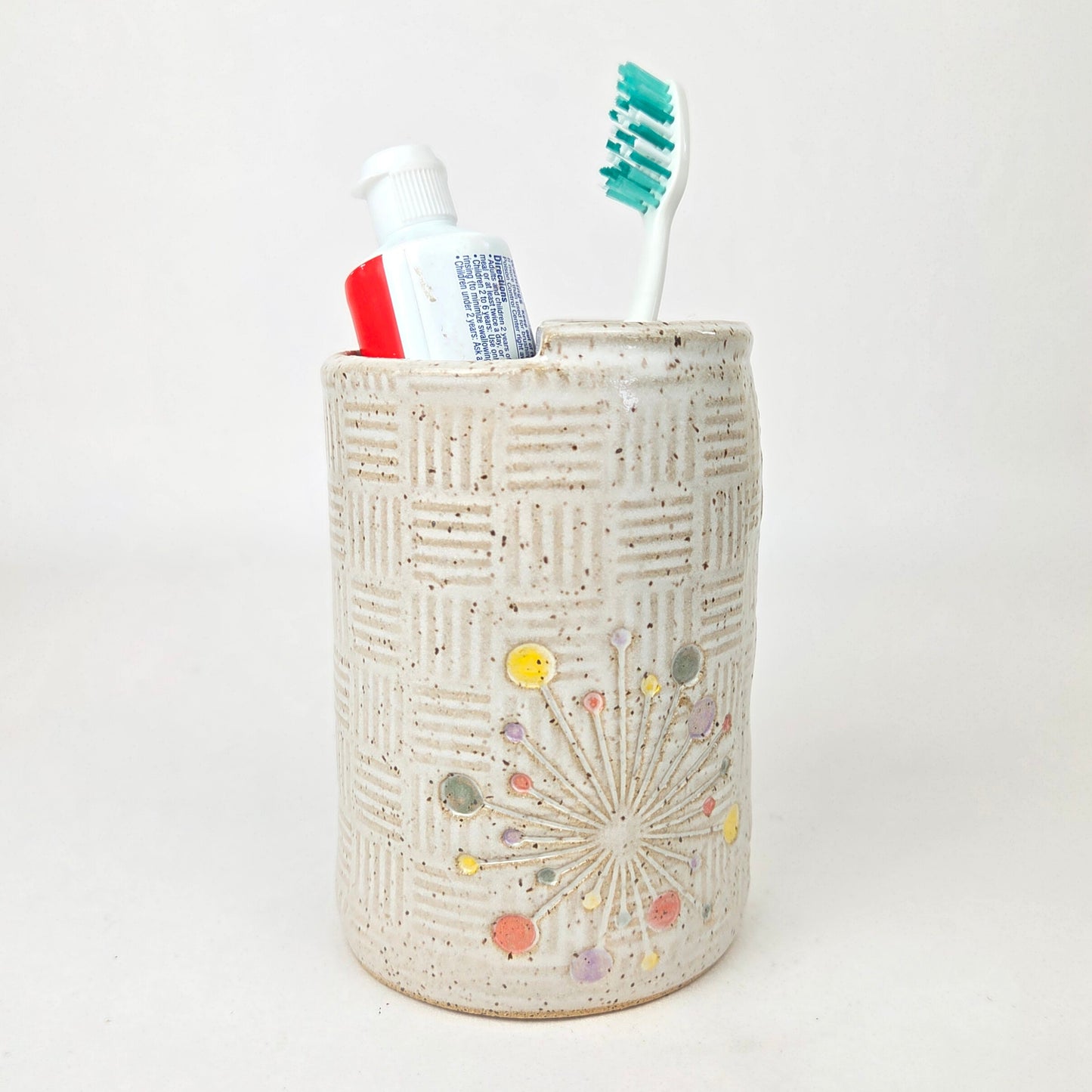 Art Deco Sunburst Stoneware White Toothbrush Holder