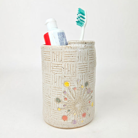 Art Deco Sunburst Stoneware White Toothbrush Holder