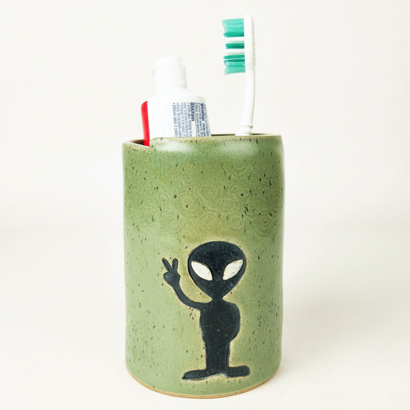 Alien Handmade Green Stoneware Toothbrush Holder