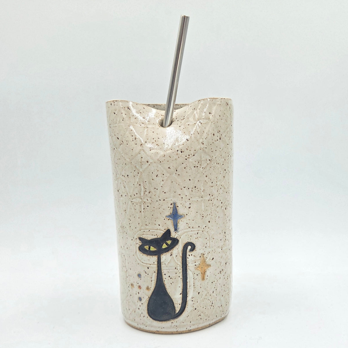 Atomic Cat on White  Stoneware Travel/Sipper 16oz Mug w/Metal Straw