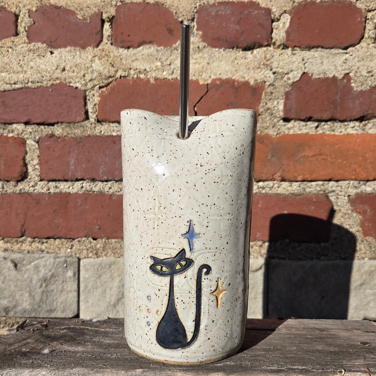Atomic Cat on White  Stoneware Travel/Sipper 16oz Mug w/Metal Straw