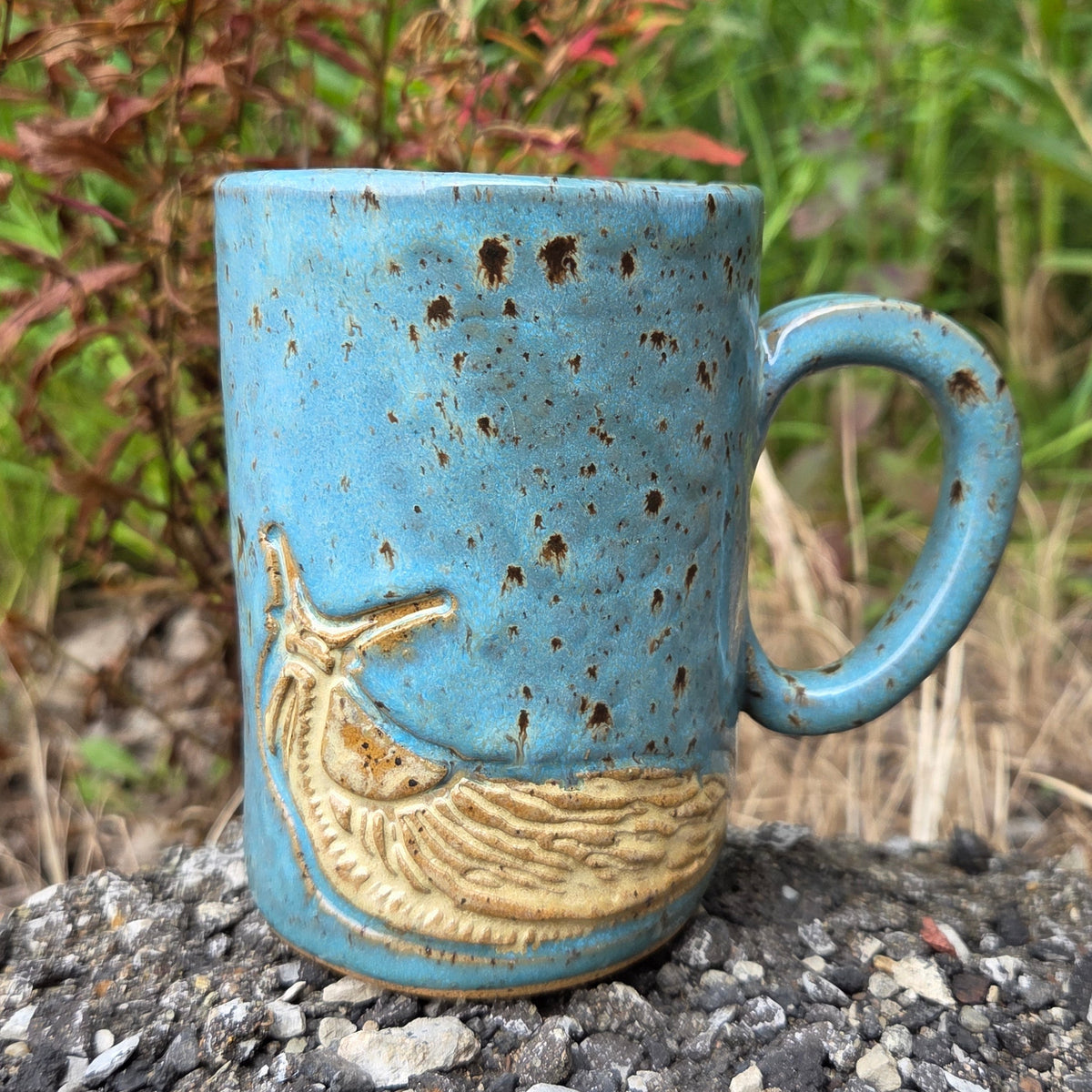 Banana Slug Mug, Blue Glazed Stoneware 14 oz