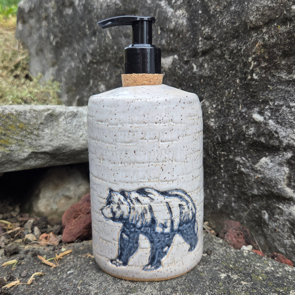 Grizzly Bear on White Stoneware Soap/Lotion Dispenser