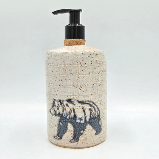 Grizzly Bear on White Stoneware Soap/Lotion Dispenser