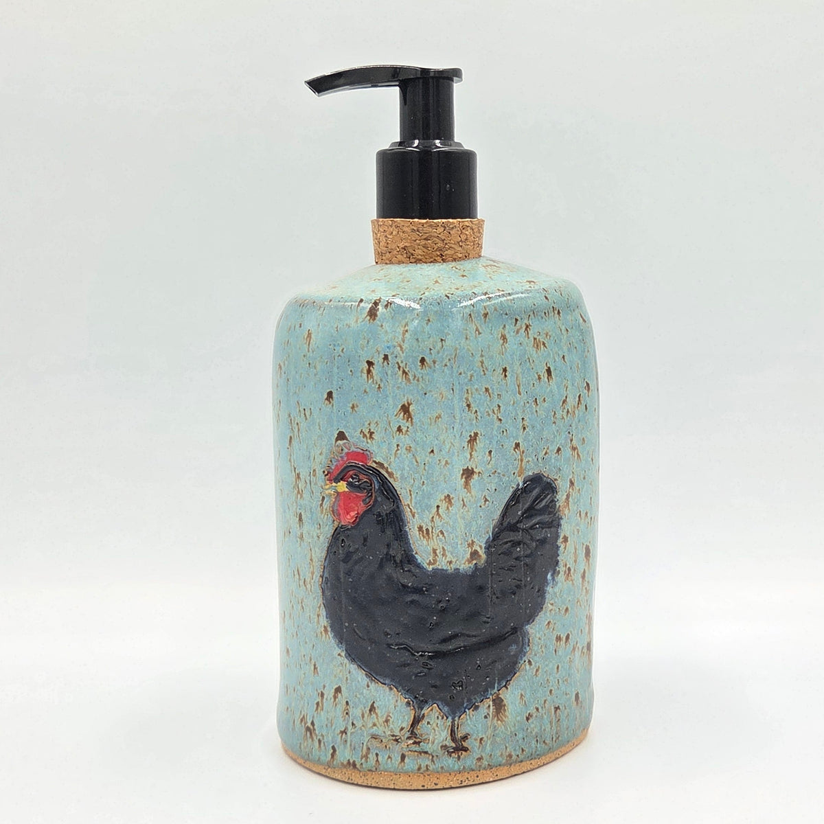 Black Chicken on Blue Spangle Stoneware Soap/Lotion Dispenser
