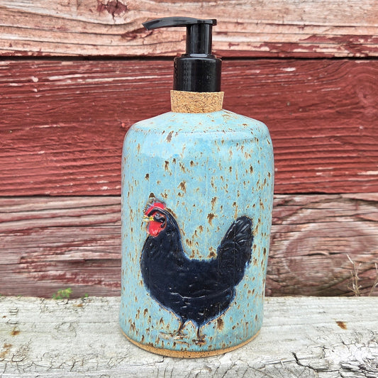 Black Chicken on Blue Spangle Stoneware Soap/Lotion Dispenser