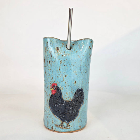 Black Chicken on Spangle Stoneware Travel/Sipper 16oz Mug w/Metal Straw