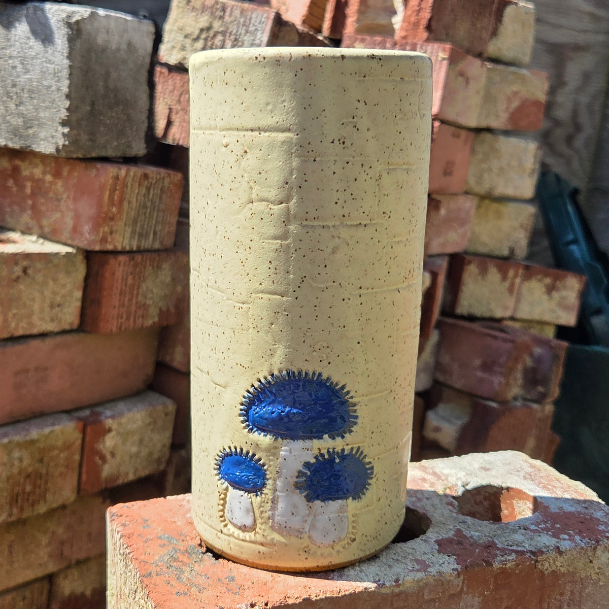 Blue Bonnet Mushroom Butter Stoneware Vase