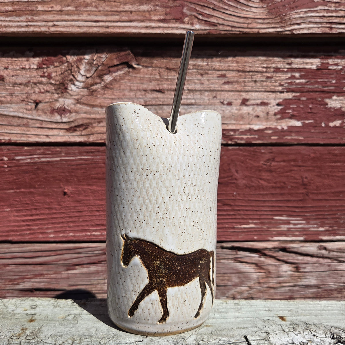 Brown Horse on White Stoneware Travel/Sipper 16oz Mug w/Metal Straw