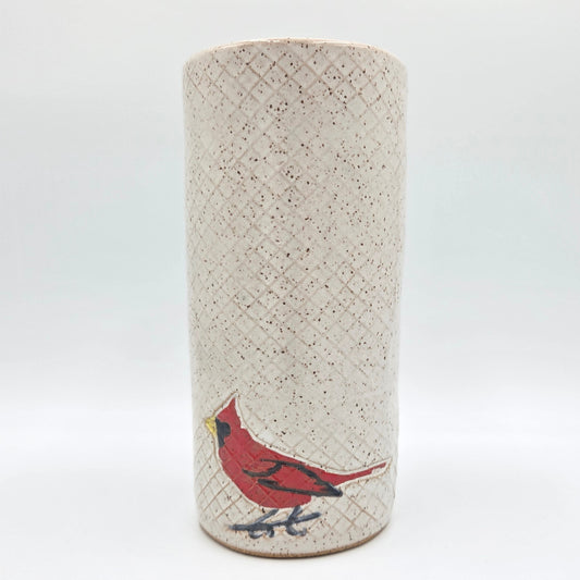 Cardinal on White Stoneware Vase